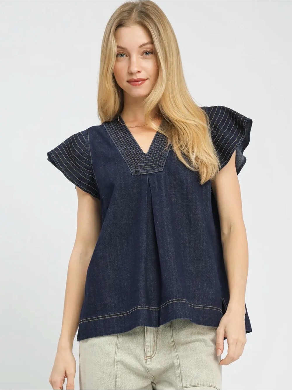 🩵Hello Gorgeous! Umgee COTTON Cap Sleeve Denim Top - Dark Denim